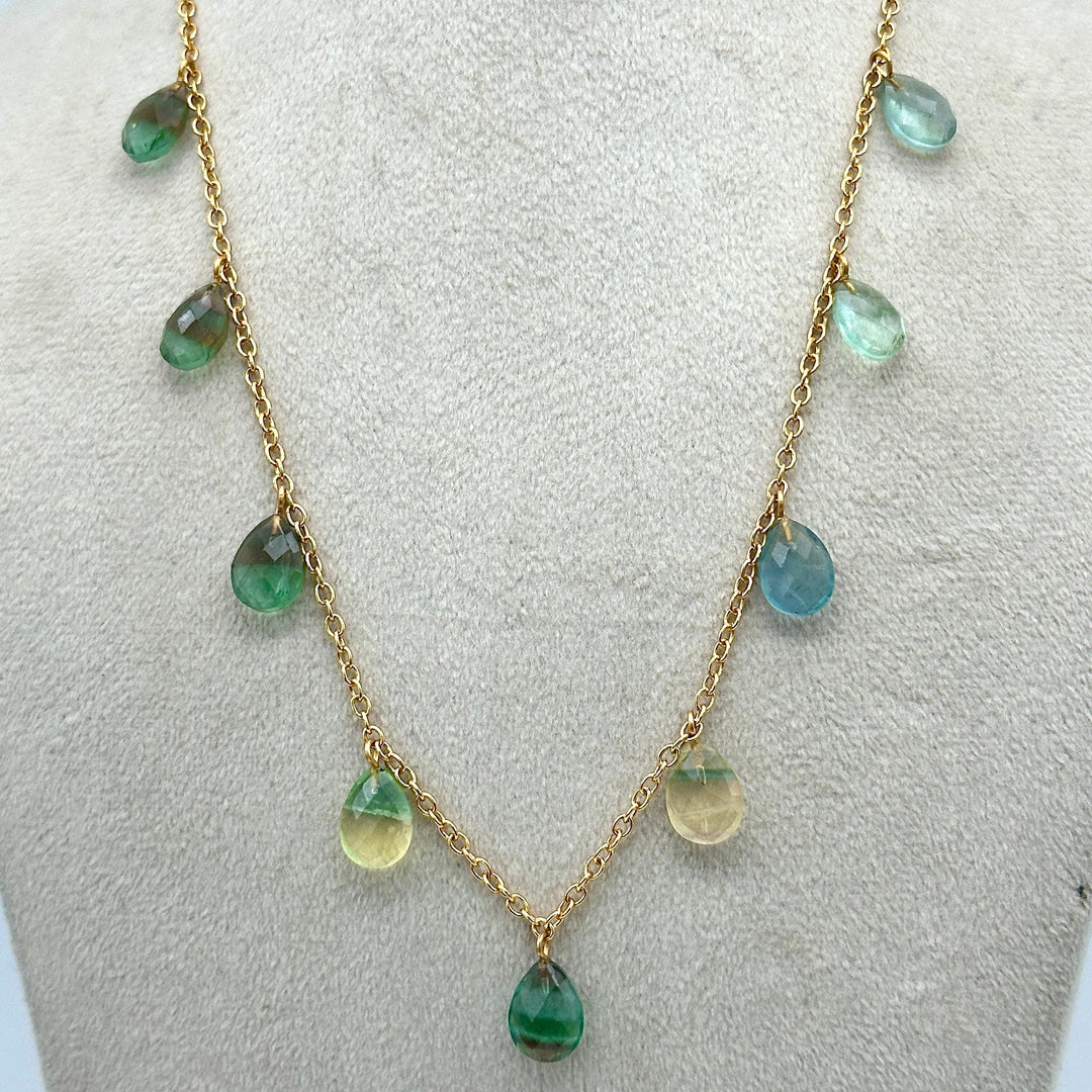 Rainbow Fluorite Pear Shape Beads Necklace, Faceted Drop Chain Necklace, Pear Gemstone Necklace, Women's Gift, Handmade 925 Silver Necklace