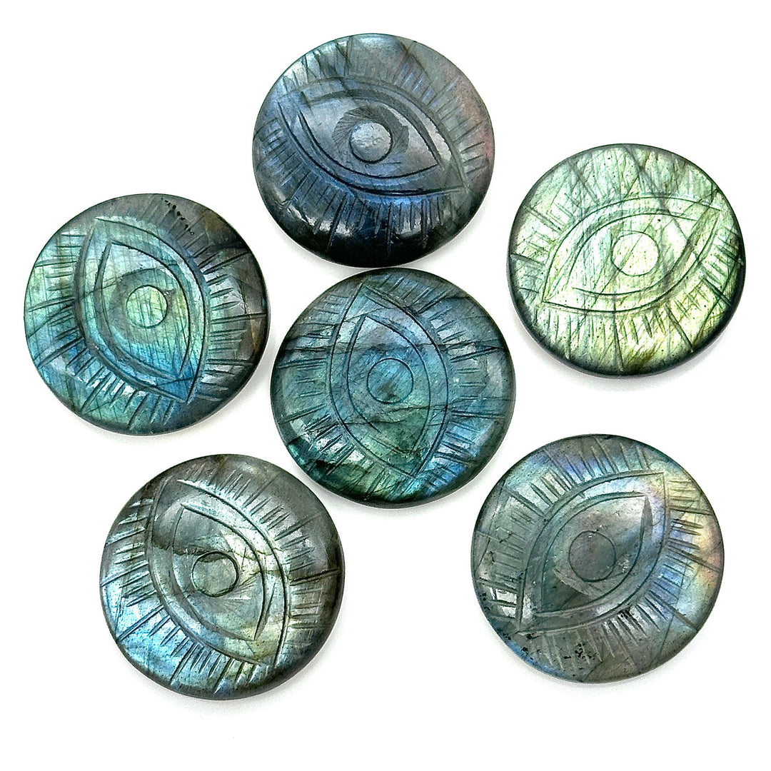 Natural Labradorite Evil Eye Shape Gemstone, Flashy Labradorite Hand Carved Stone Beads For Jewelry Making, 28 MM, Round Evil Eye Carving