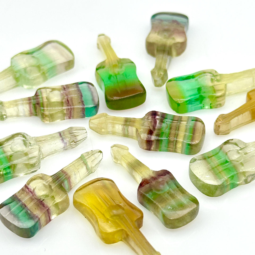 Rainbow Fluorite Guitar Shape Beads, Tiny Fluorite Guitar Shape Hand Carved Gemstone, 26 MM, Miniature Guitar Gemstone, Tiny Charms