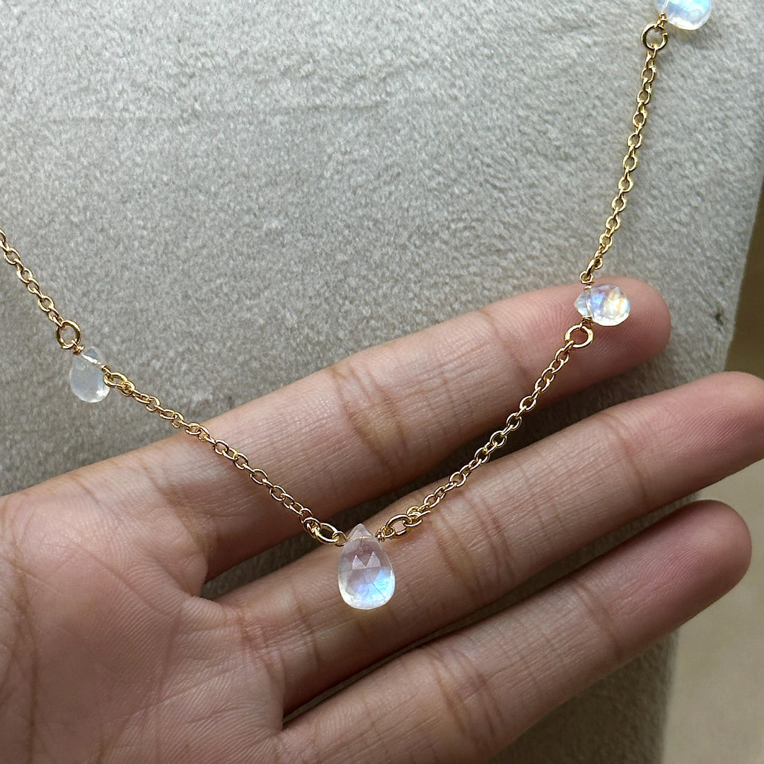 Beautiful Rainbow Moonstone Pear Necklace, Blue Flashy Faceted Pear Chain Necklace, Necklace For Girls, Gift For Her, Gold Plating Chain