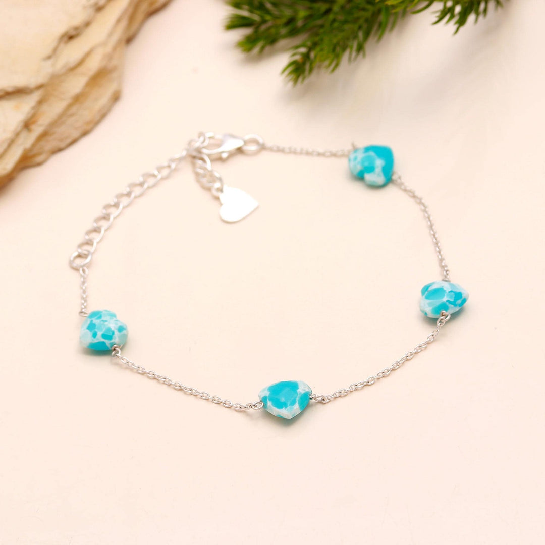AAA Mohave Turquoise Heart Beads Bracelet, Blue Turquoise Heart Beads Bracelet, Gift For Her, 925 Silver Bracelet/Anklets, Fancy Jewelry
