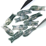 Load image into Gallery viewer, Natural Moss Agate Handmade Fish Carving, Fish Shape Carved Gemstone Briolette's, Chakra Healing Fish Beads, 10X30 MM Green Gemstone Fishes