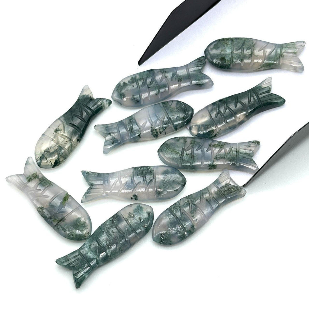 Natural Moss Agate Handmade Fish Carving, Fish Shape Carved Gemstone Briolette's, Chakra Healing Fish Beads, 10X30 MM Green Gemstone Fishes