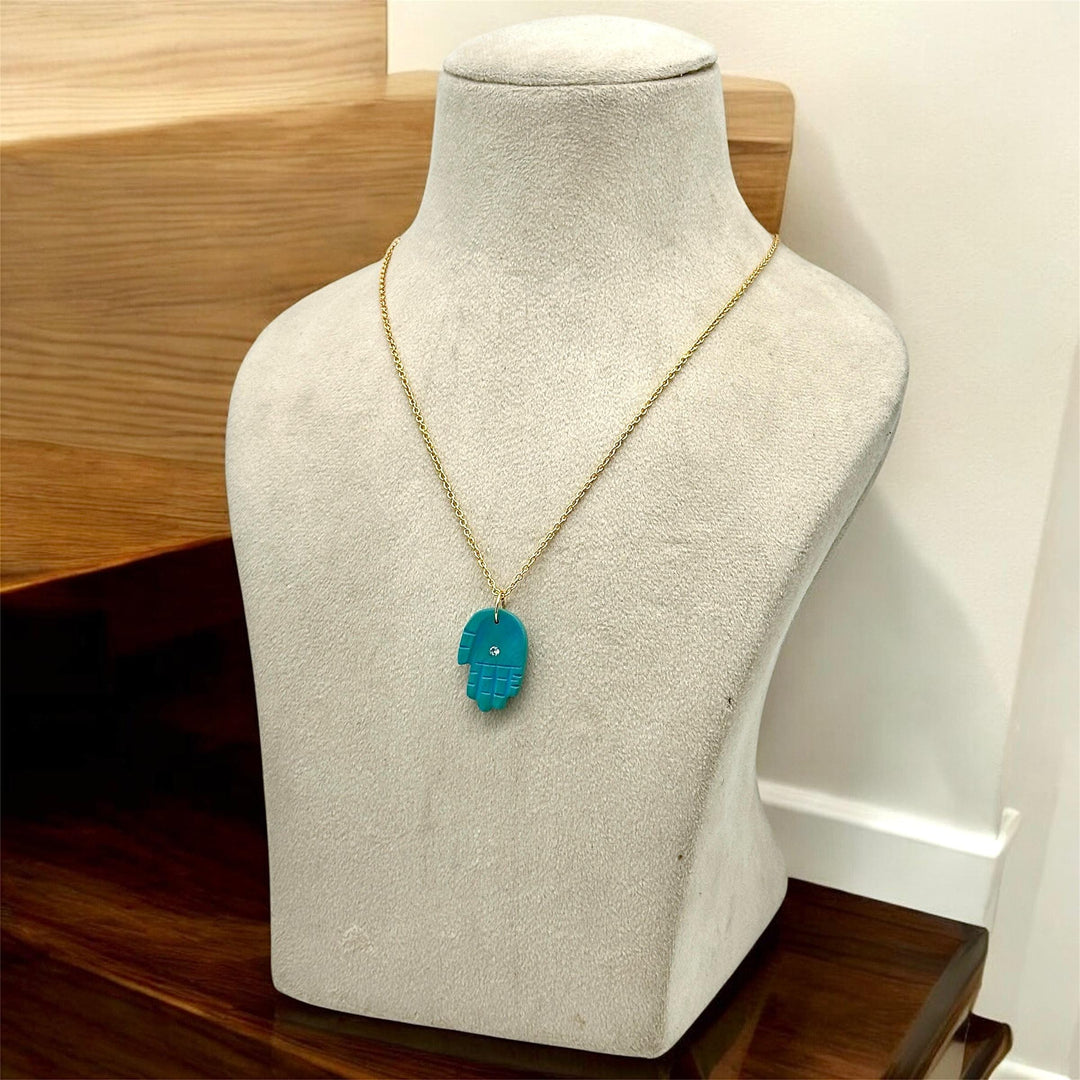 Beautiful Turquoise Hamsa Necklace, Unique Gemstone Hamsa Necklace For Gift, Reiki Healing Jewelry, Blue Charm Protection Necklace 25 MM