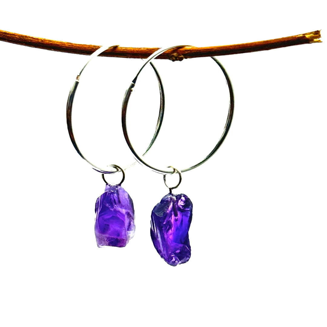 Raw Amethyst Hoop Earrings: Handmade Brass February Birthstone