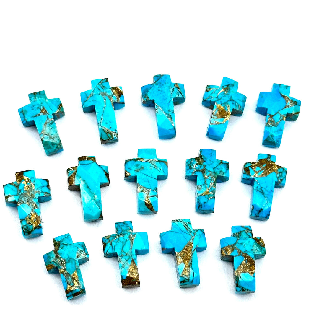 Faceted Copper Turquoise Cross Beads: Spiritual Gemstone Charms (15mm)