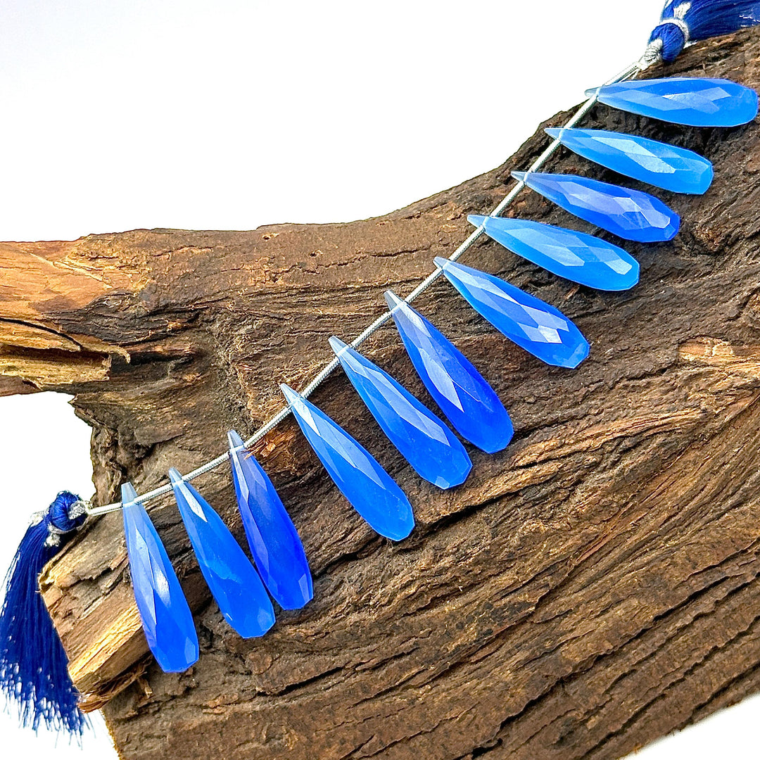 Matched Pairs - Blue Chalcedony Long Drop Shape Briolette's, Faceted Teardrop Beads, 7X30 mm Deep Blue Color Drops For Earring Making