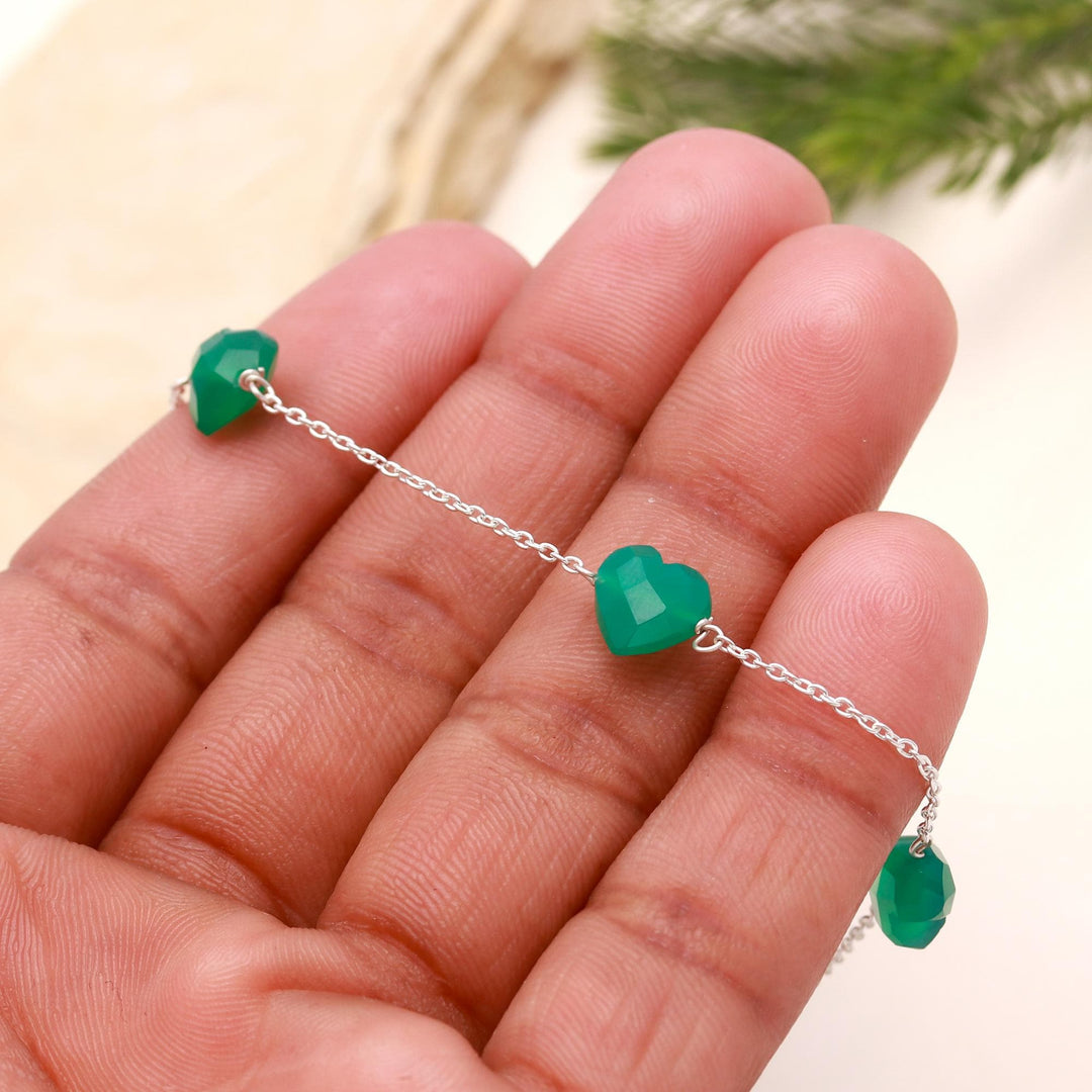 Natural Green Onyx Heart Beads Bracelet, Onyx Faceted Heart Beads Bracelet, Women's Gift Chain Bracelet, 925 Silver Bracelet, Girls Anklets