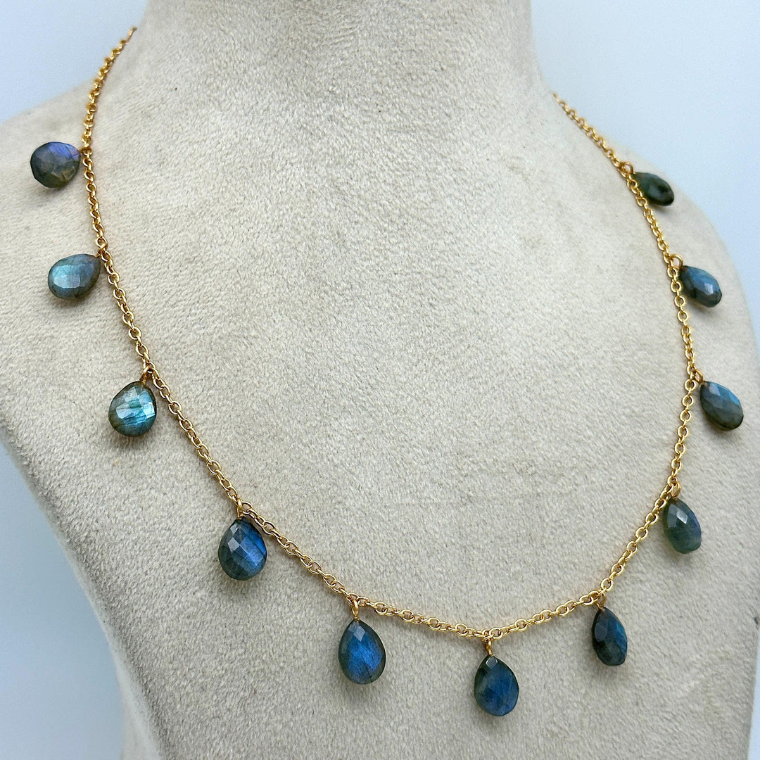 AAA+ Natural Labradorite Pear Shape Beads Necklace, Drop Chain Necklace, Pear Gemstone Necklace, Faceted Pear Chain Necklace For Women's