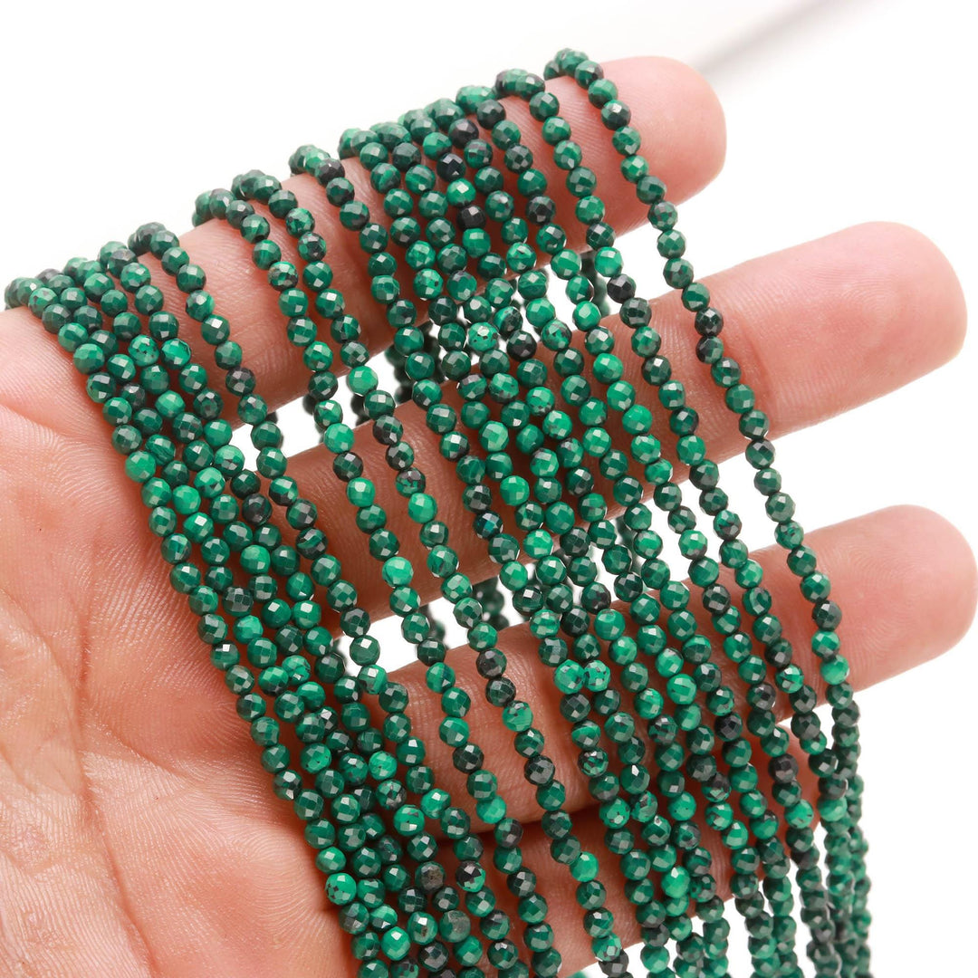 Natural Malachite Faceted Round Beads, AAA Green Malachite Micro Faceted Beads for Jewelry Making, Loose Wholesale Beads, 3 MM 12.5 Inches