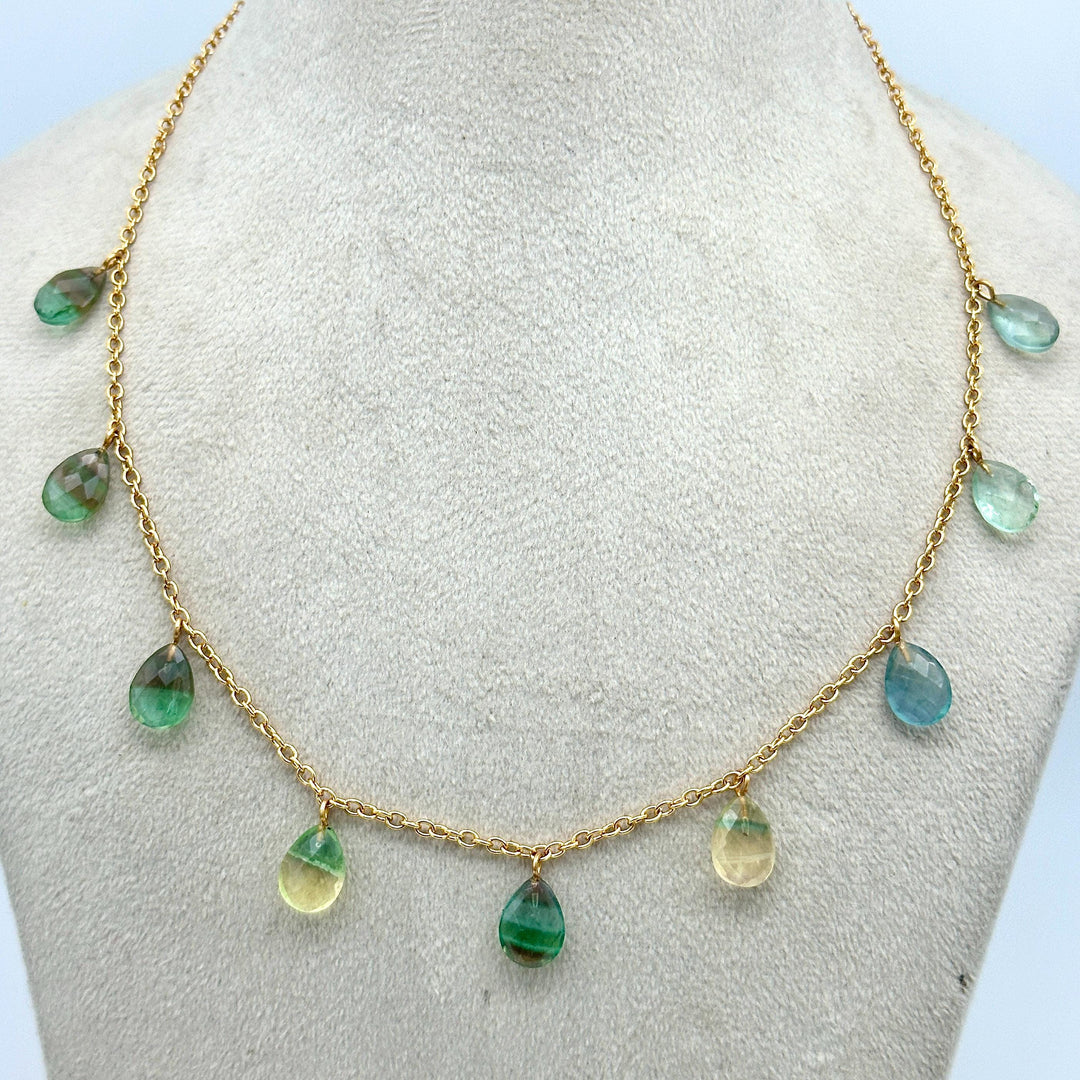 Rainbow Fluorite Pear Shape Beads Necklace, Faceted Drop Chain Necklace, Pear Gemstone Necklace, Women's Gift, Handmade 925 Silver Necklace