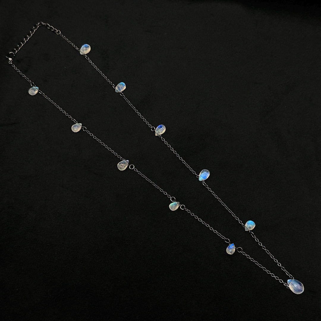 Pretty Rainbow Moonstone Pear Necklace, Blue Flashy Faceted Pear Chain Necklace, Black Rhodium Plating Necklace For Girls, Gift For Her
