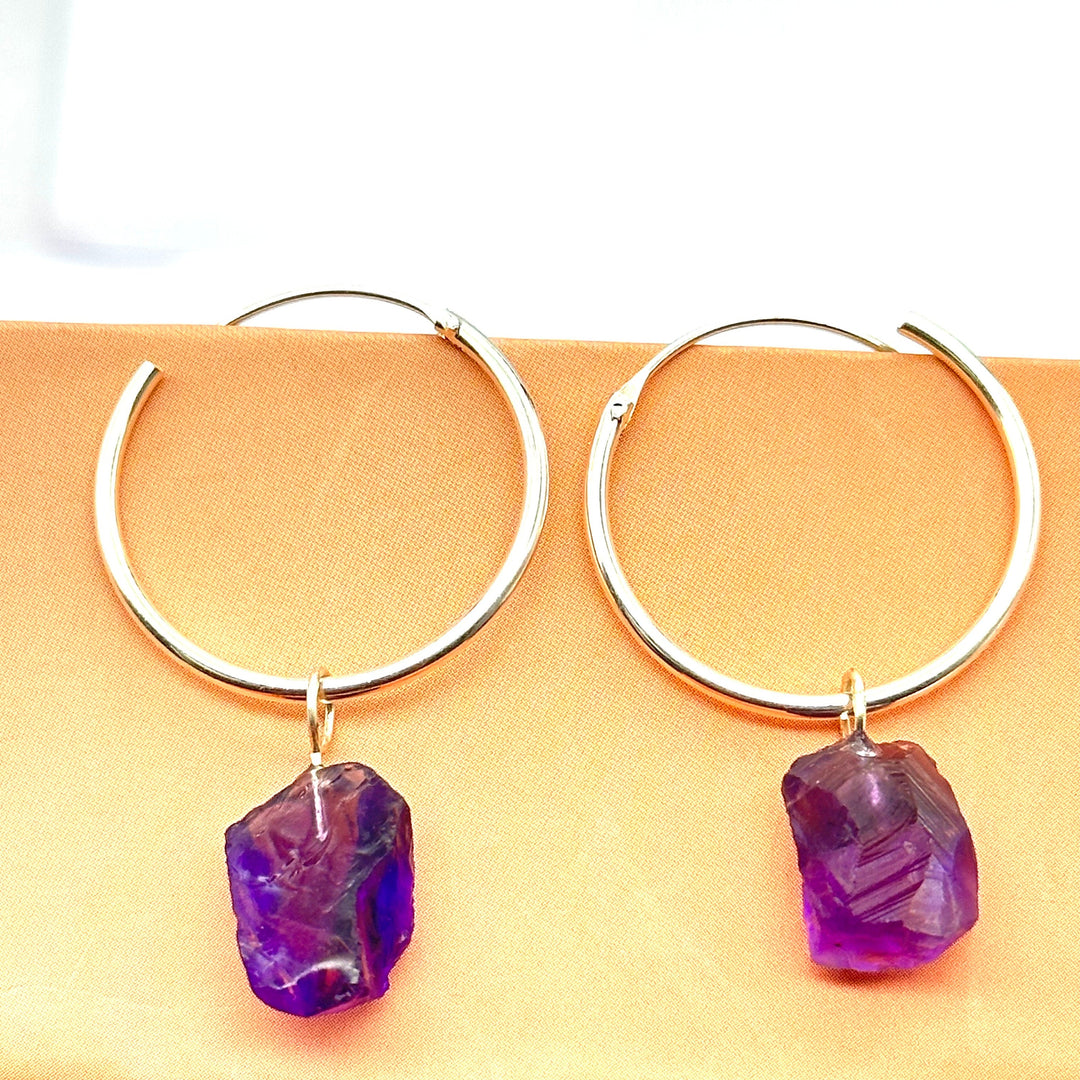 Raw Amethyst Hoop Earrings: Handmade Brass February Birthstone