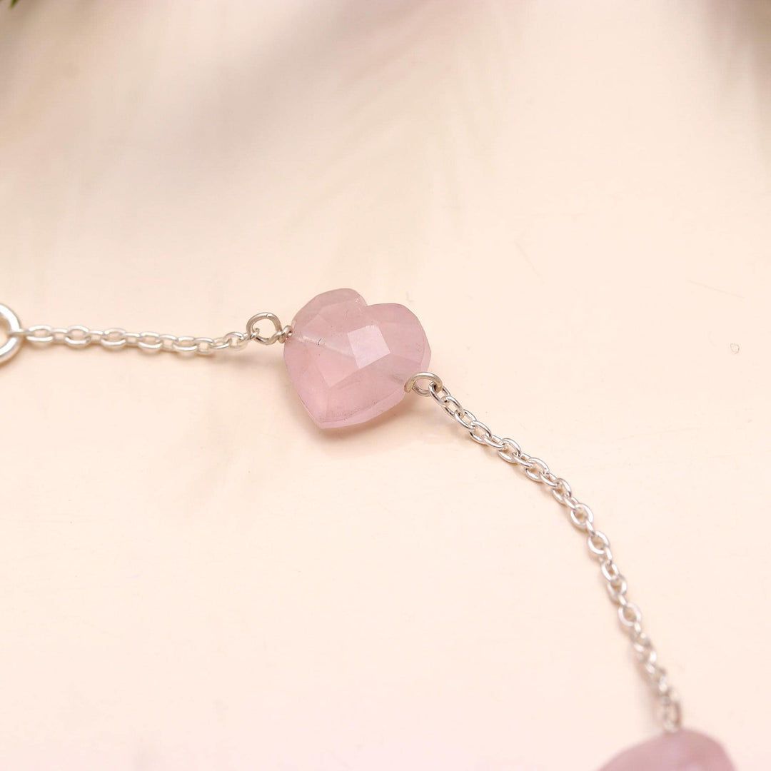 Rose Quartz Heart Bracelet: 925 Sterling Silver Chain, Handmade