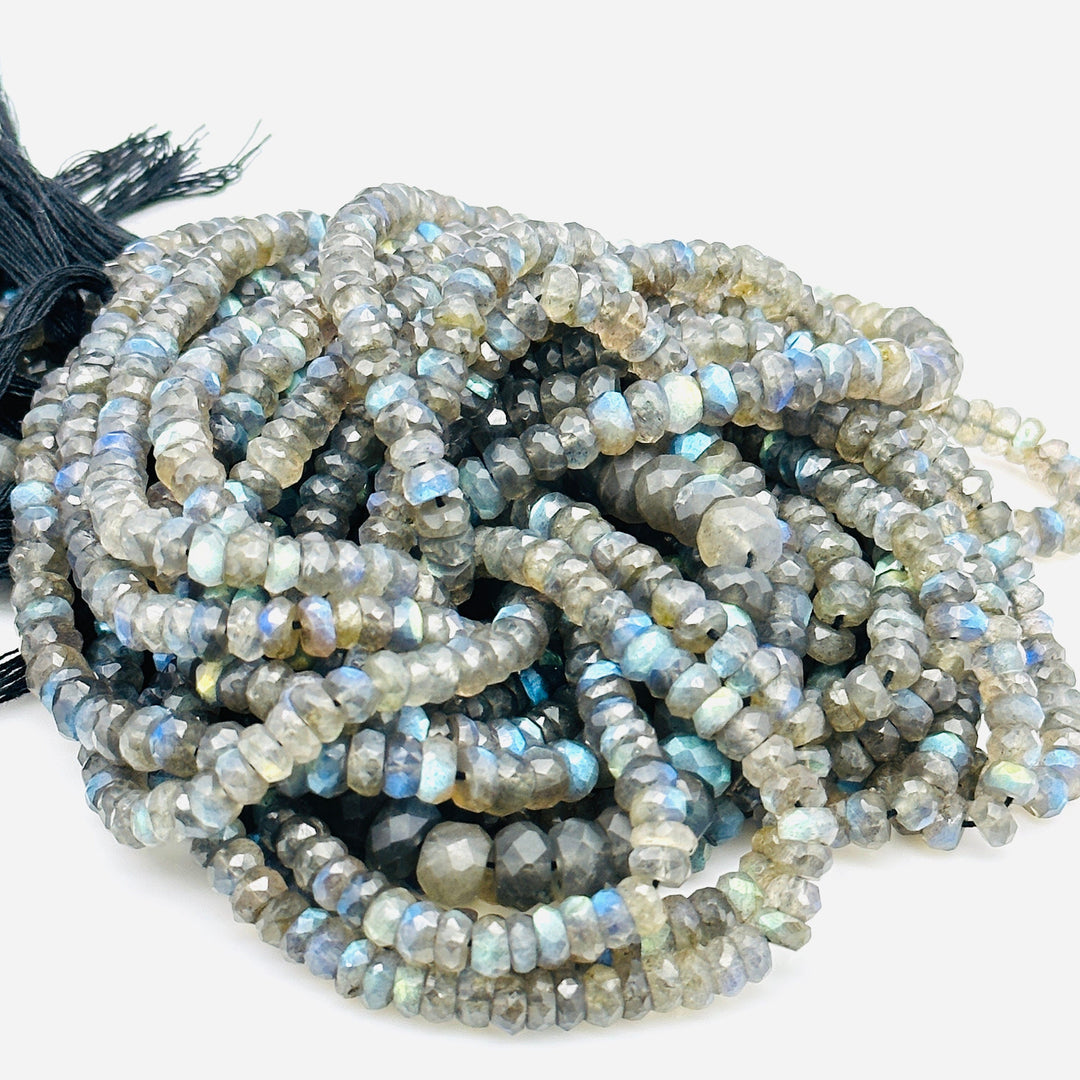 Flashy Labradorite Faceted Rondelle Beads, Natural Blue Fire Labradorite Beads, 4 mm MM Black Rainbow Beads, Wholesale Jewelry Making Beads