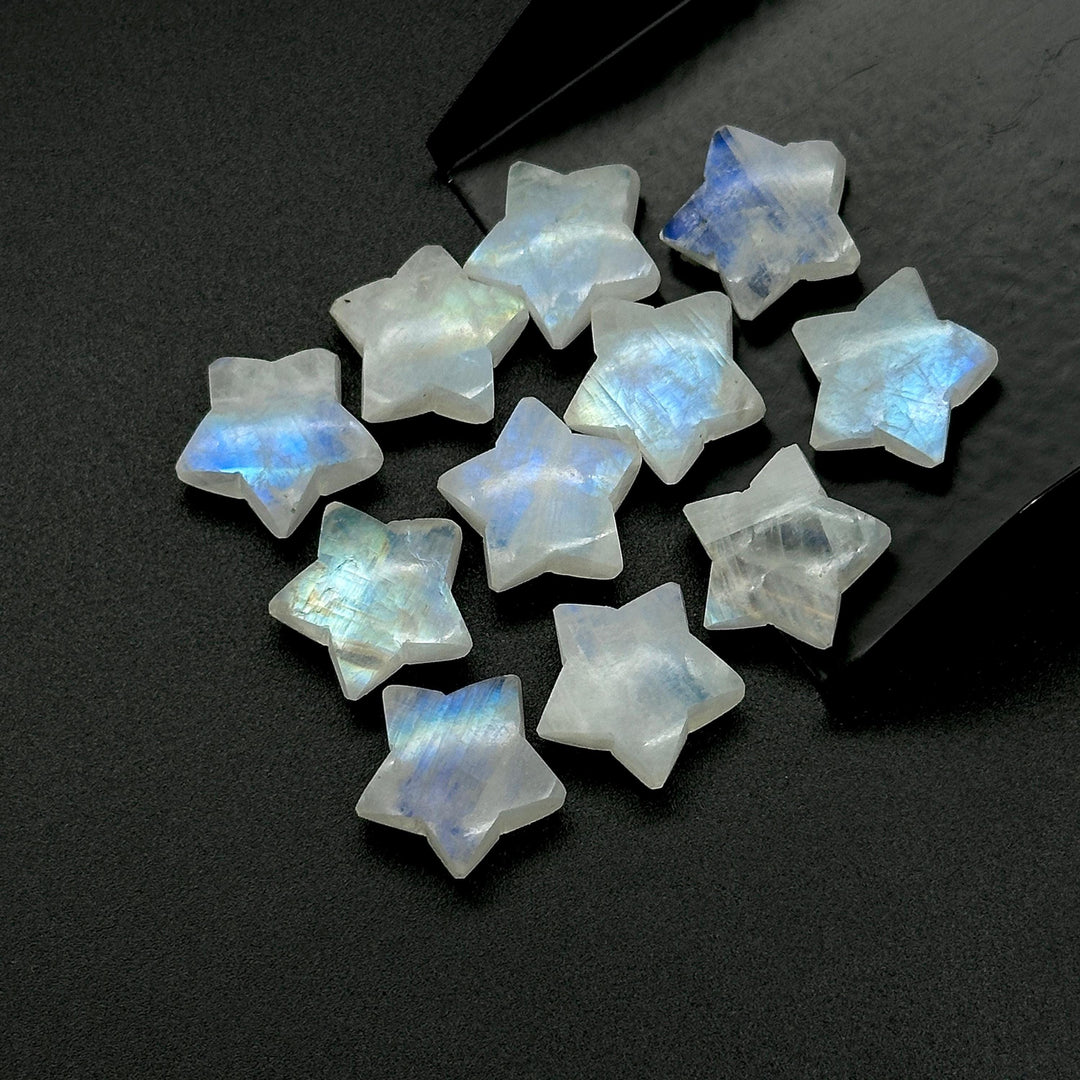 Smooth Rainbow Moonstone Star Beads, Flashy Moonstone Celestial Gemstone Charms, Jewelry Making Hand Carved Gemstones, 15mm