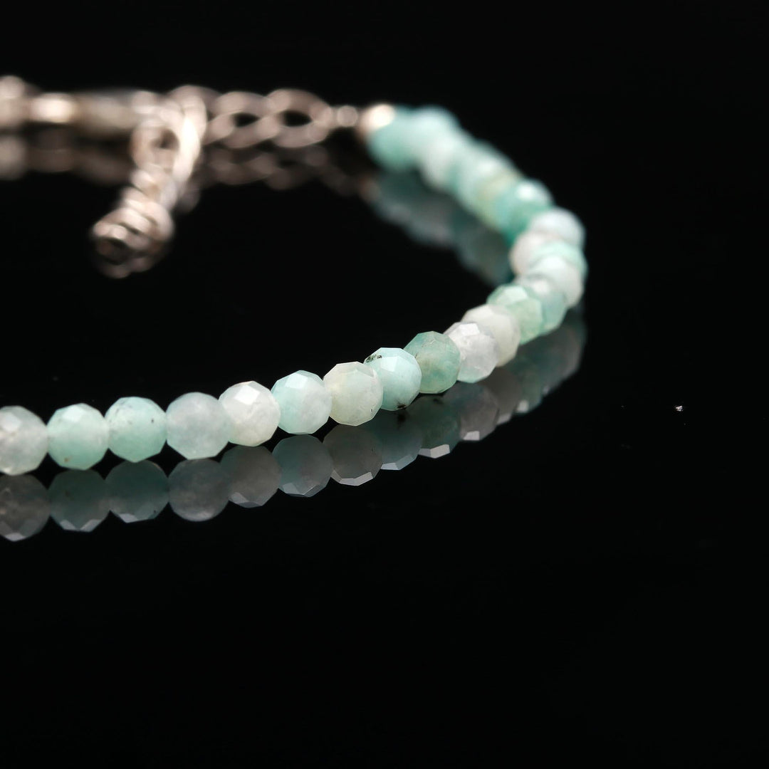 Natural Amazonite Beaded Bracelet, Amazonite Faceted Round Beads Bracelet, Gift For Her, 3 MM Beads Bracelet, 925 Silver Bracelet For Her