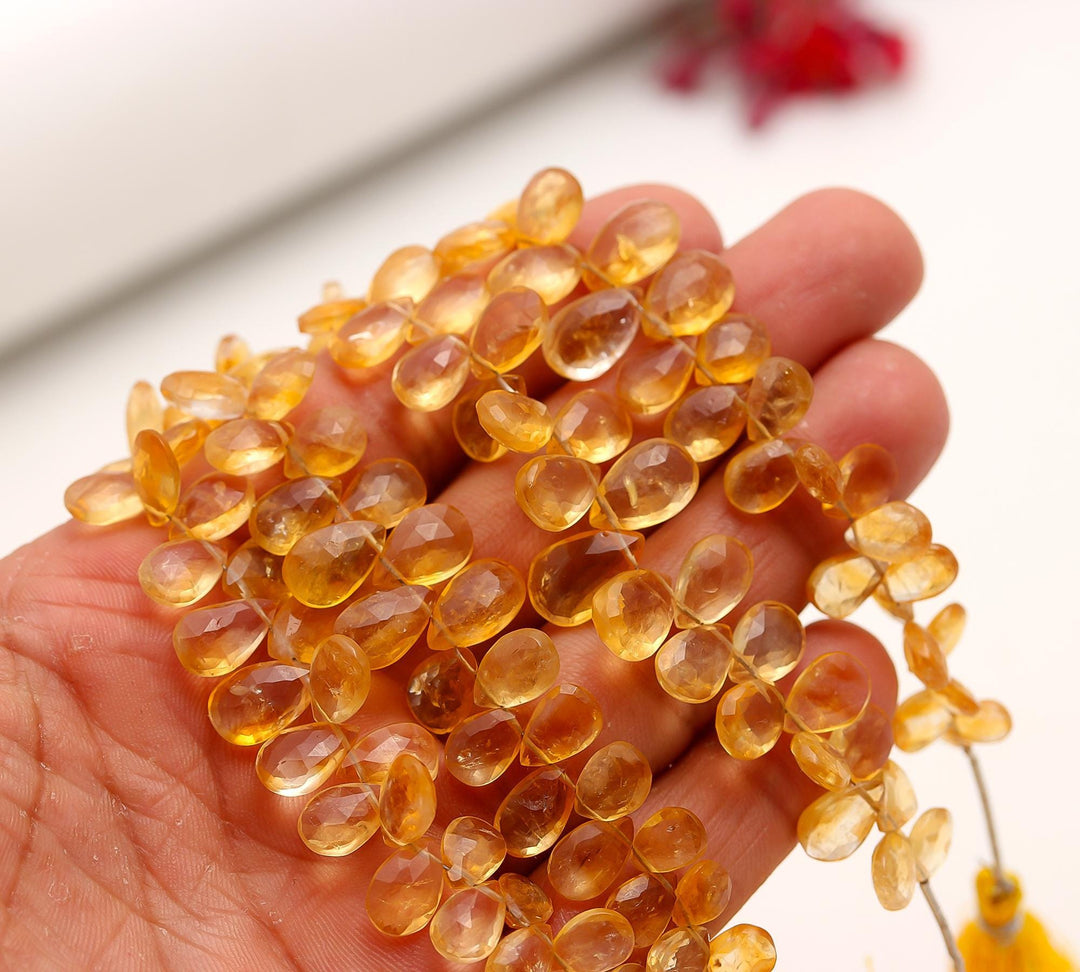Natural Citrine Faceted Pear Shape Beads, 4-inch strand, AAA Yellow Citrine Pear Briolettes, 8-12 MM Citrine Teardrop Beads, Pear Beads