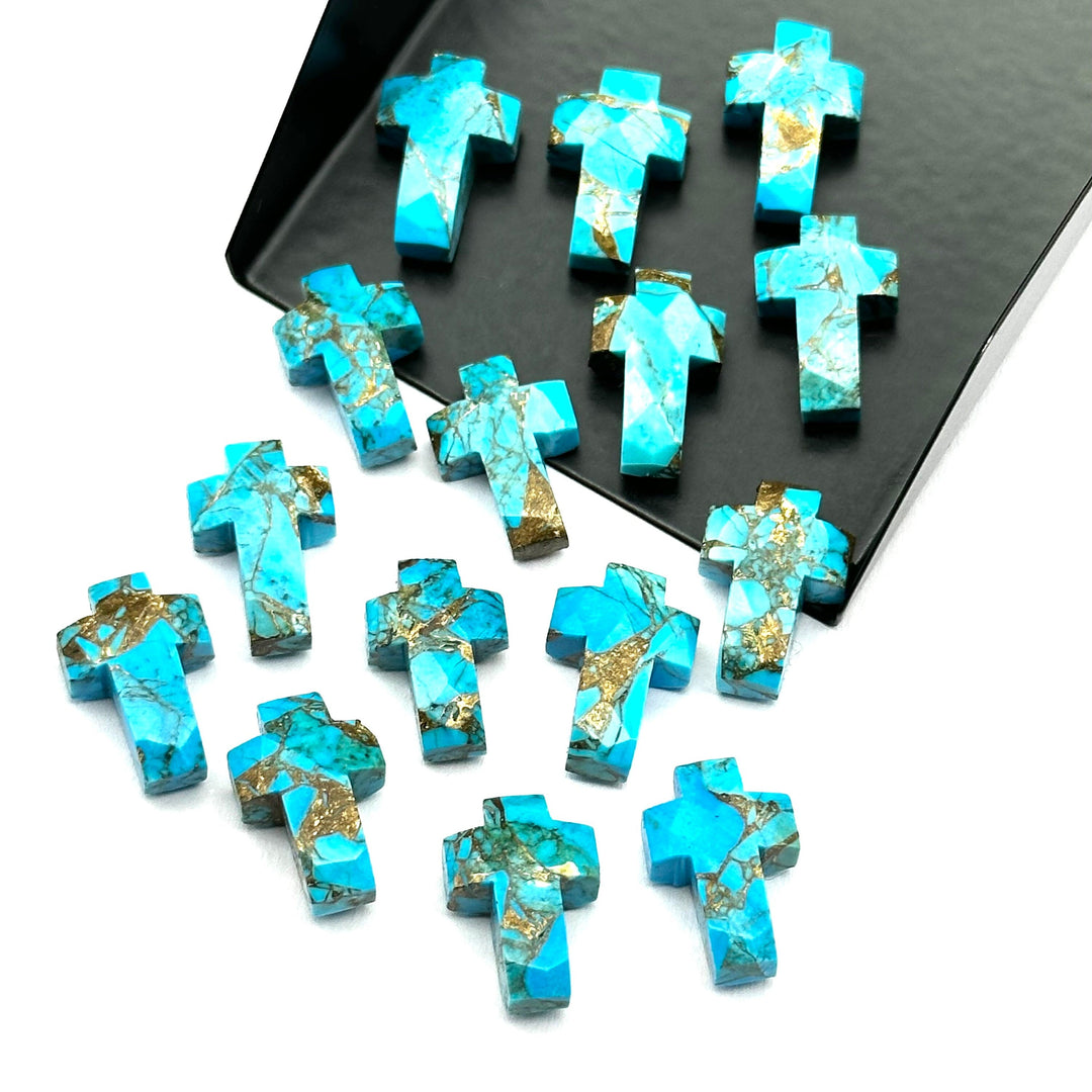 Faceted Copper Turquoise Cross Beads: Spiritual Gemstone Charms (15mm)