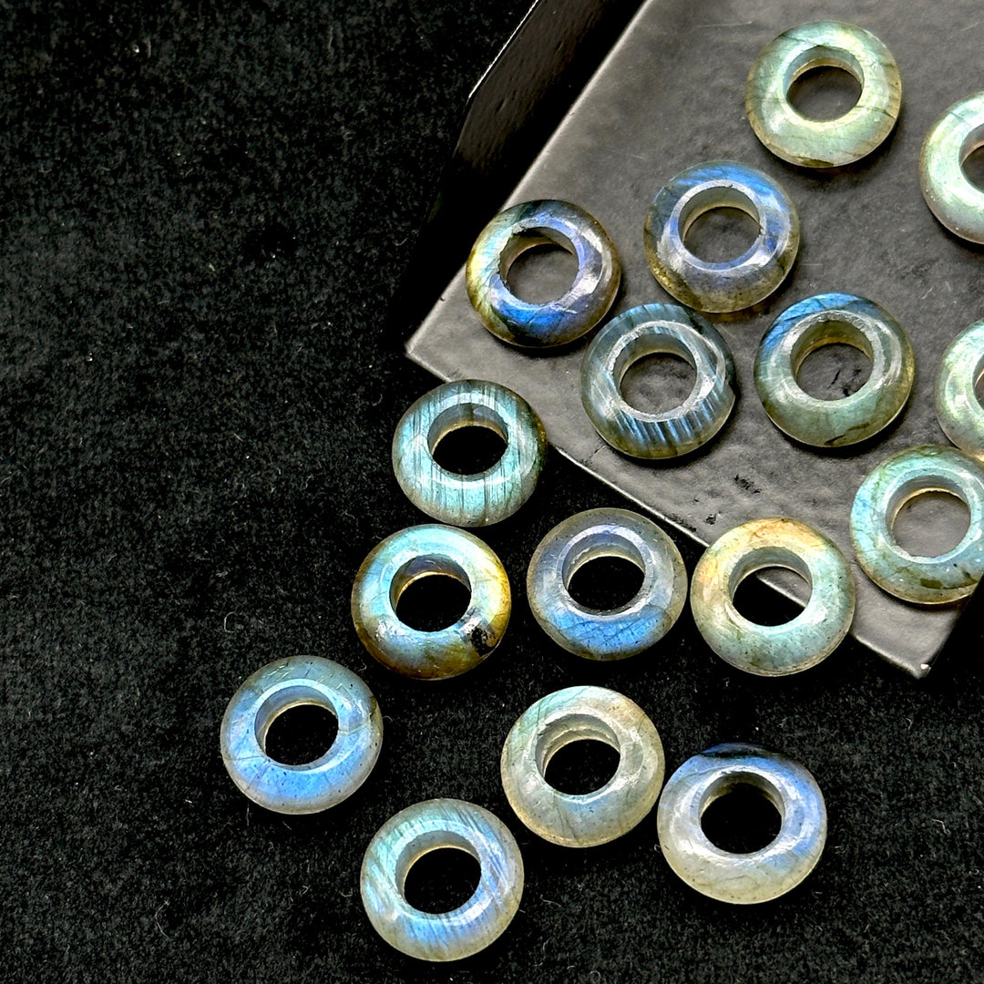 Labradorite Donut Gemstone Beads: 12mm Blue Fire Carved Jewelry