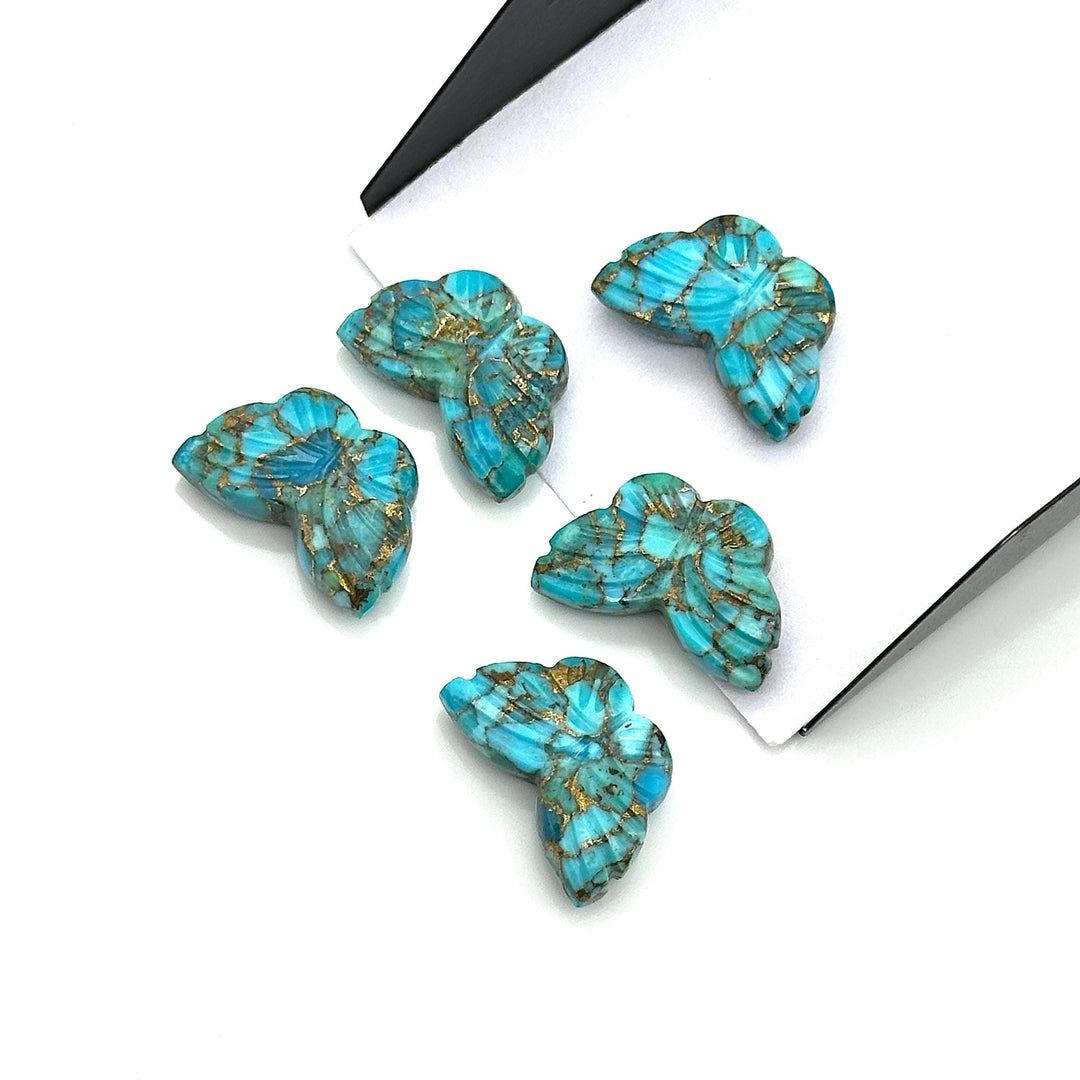 Carved Copper Turquoise Butterfly Charms: Handmade Gemstone Briolettes, 18mm
