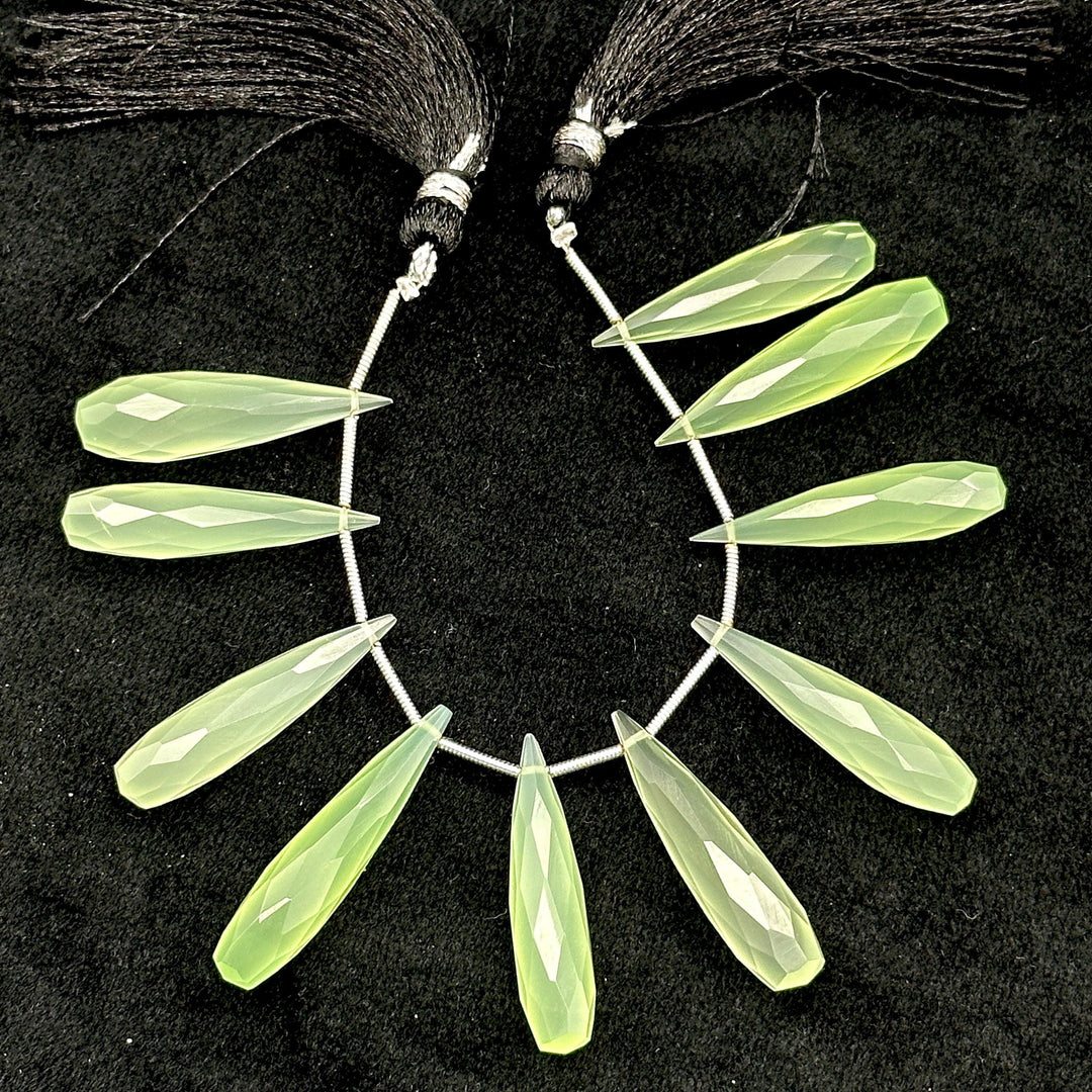 Green Chalcedony Long Drop Shape Briolette's, Faceted Teardrop Beads, 7X30 mm Green Color Drops For Earring Making, Matched Pairs