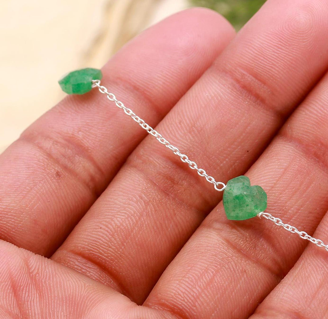 Green Strawberry Heart Bracelet, Quartz Faceted Heart Beads Bracelet, 925 Silver Bracelet, Handmade Jewelry, Women's Gift Chain Bracelet