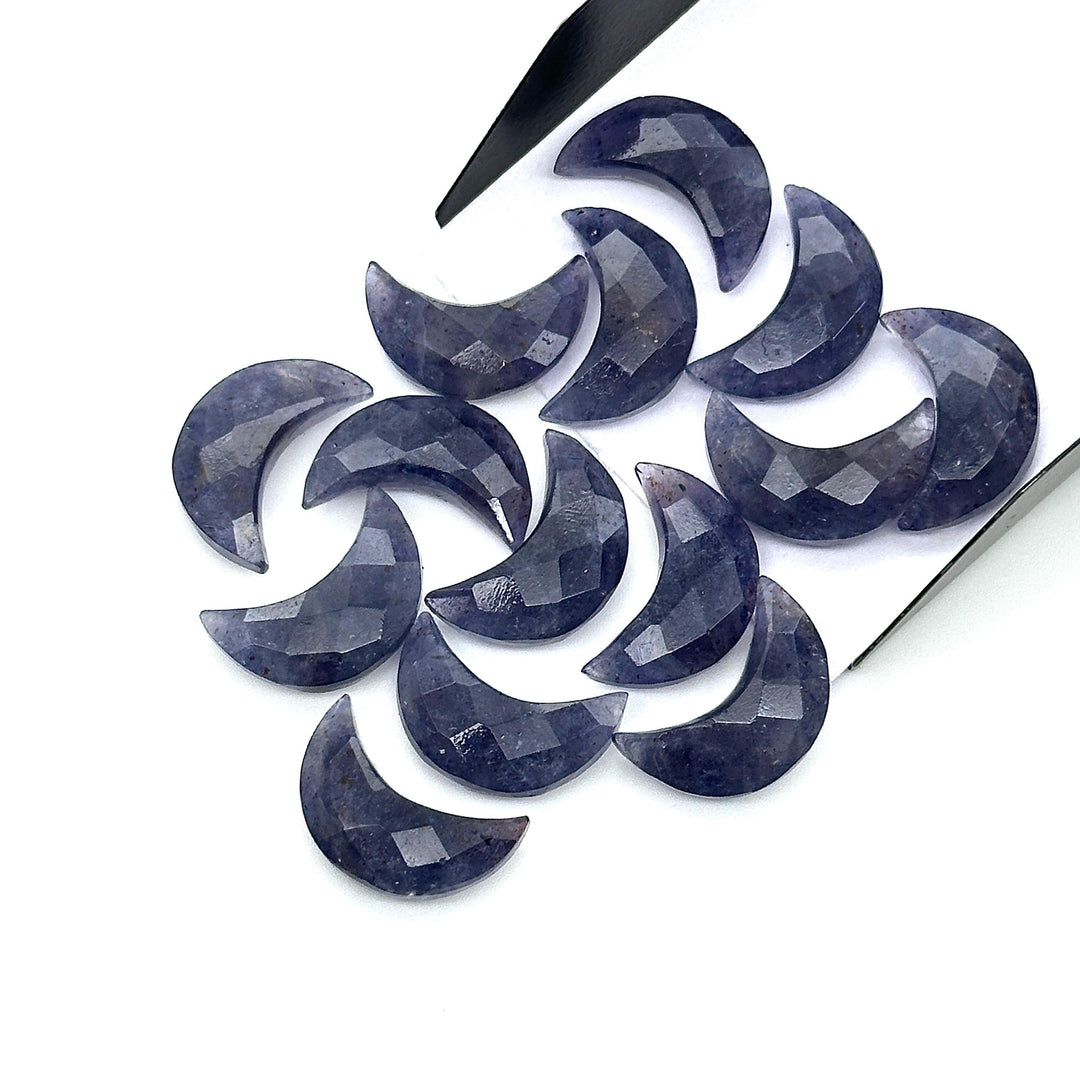 Faceted Iolite Crescent Moon Beads: Hand-Carved Gemstone Charms