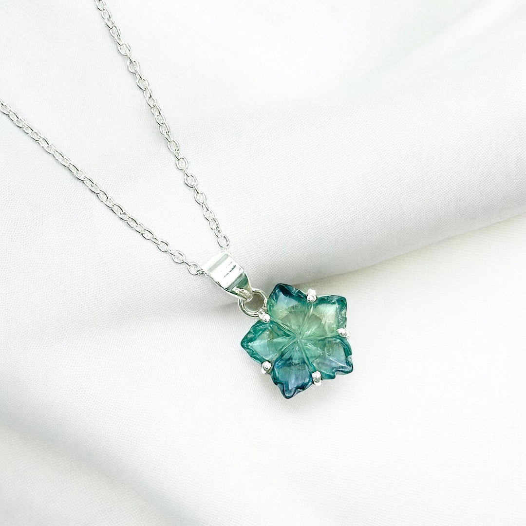 Hand Carved Green Fluorite Flower Pendant Necklace - Boho Hippie Style