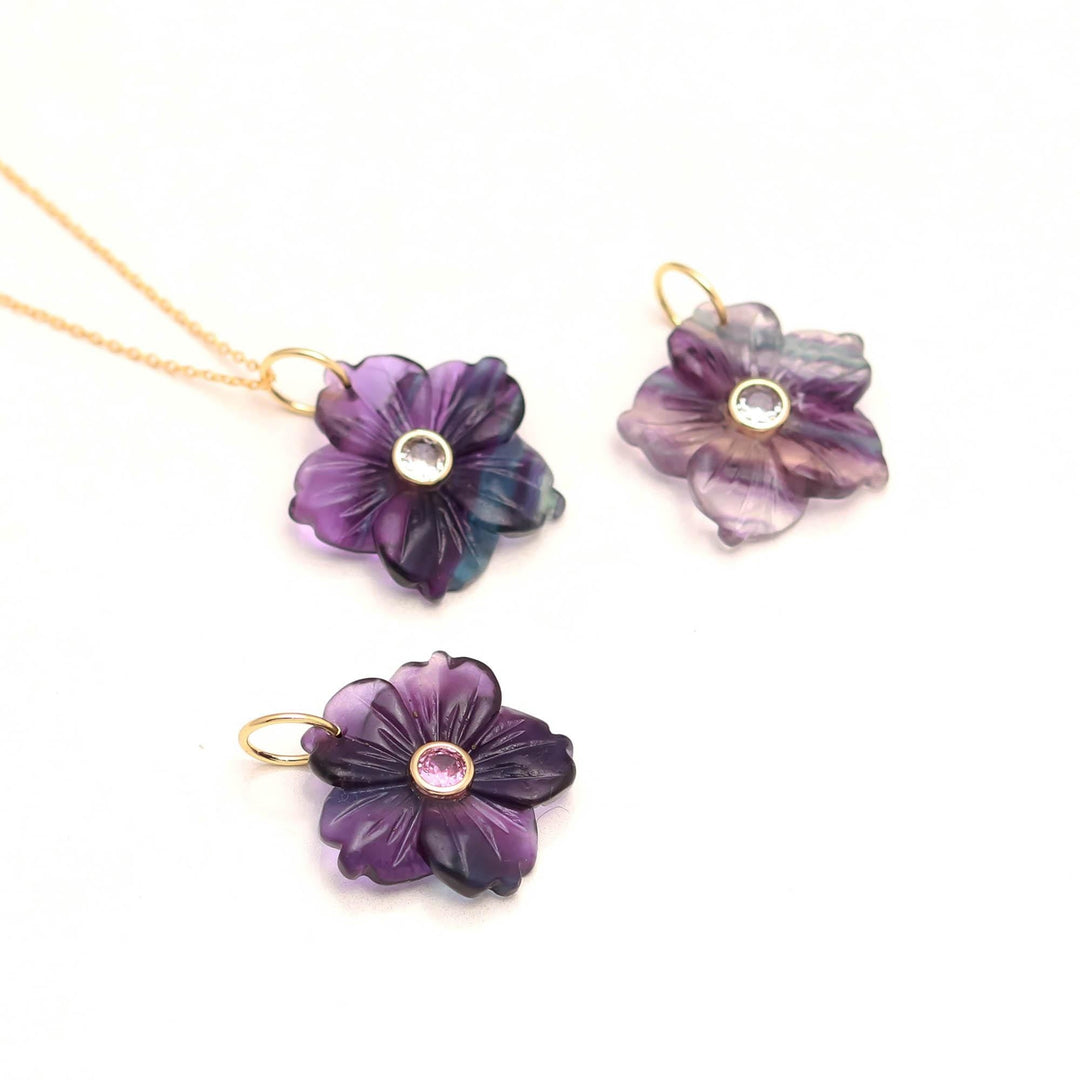 Natural Fluorite Flower Gemstone Pendant, Fancy Floral Design Necklace for Women's, Birthday Gift for Her, Crystal Necklace