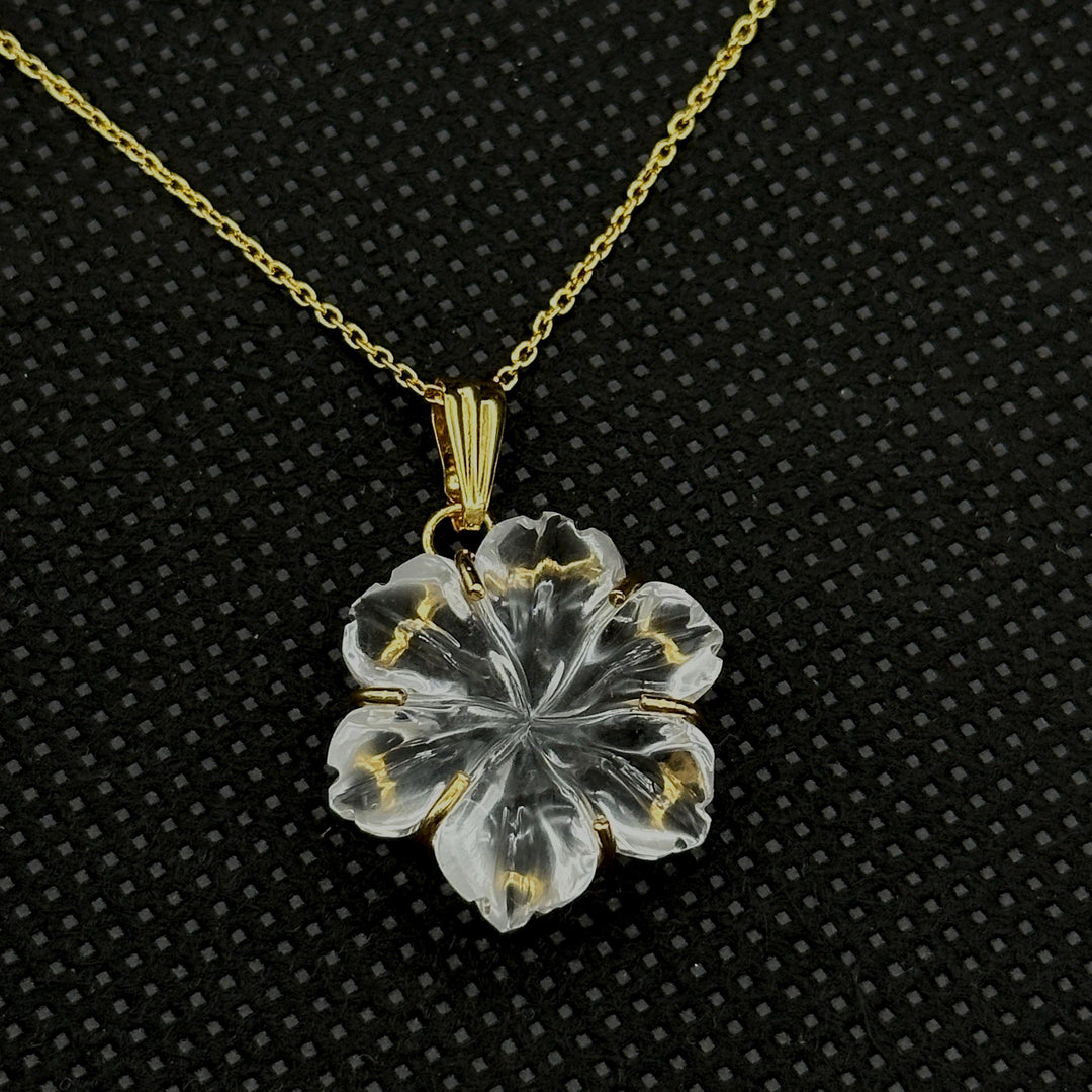 Amazing Carved Natural Crystal Flower Pendant, Goddess Energy Crystal Necklace For Her, 19 mm Crystal Quartz Flower, Birthday Gift For Women