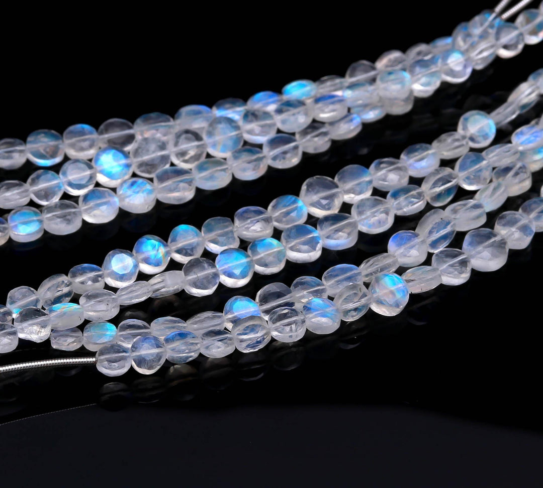High Flashy Rainbow Moonstone Coin Shape Beads, Faceted Hand Carved Straight Drill Coin Beads, Jewelry Making Gemstones, 4 Inch, 4-5 MM
