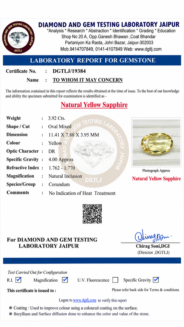 Natural Yellow Sapphire 3.92 Ct Oval Mixed Cut | Certified Unheated Yellow Sapphire | 11.41 × 7.88 × 3.95 mm | Natural Corundum Gemstone